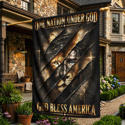 One Nation Under God Bless America Torn Lion Flag