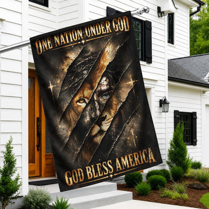 One Nation Under God Bless America Torn Lion Flag