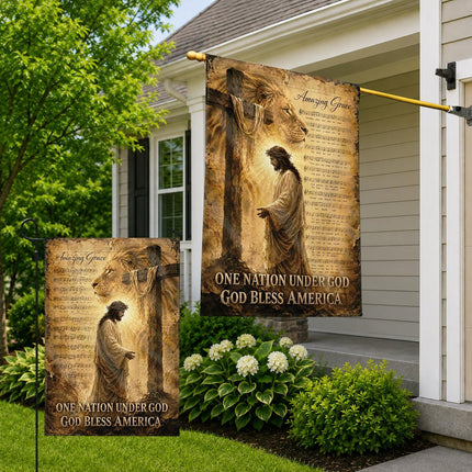 Amazing Grace Lion Cross One Nation Under God And God Bless America Flag