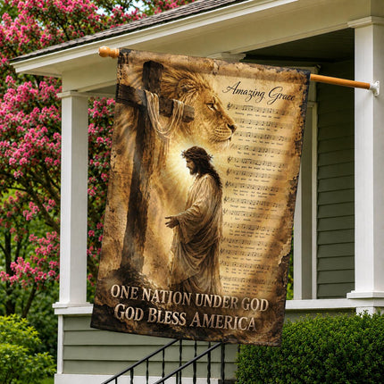 Amazing Grace Lion Cross One Nation Under God And God Bless America Flag
