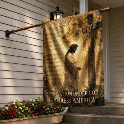 Amazing Grace Lion Cross One Nation Under God And God Bless America Flag