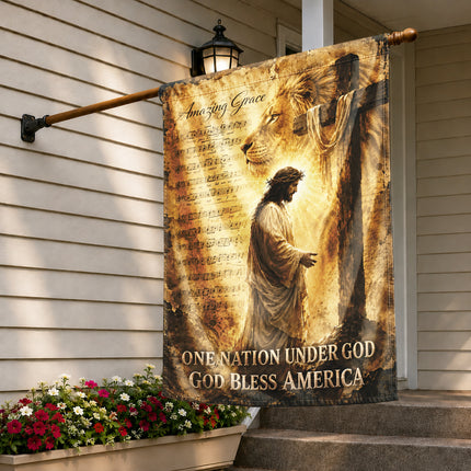 God Bless America Christian Flag Amazing Grace Jesus Lion Cross