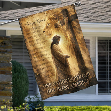 Amazing Grace Lion Cross One Nation Under God And God Bless America Flag
