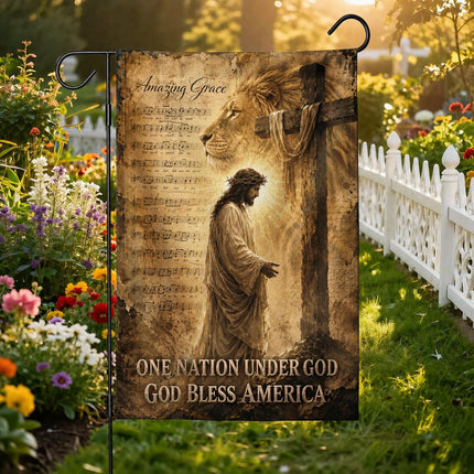 Amazing Grace Lion Cross One Nation Under God And God Bless America Flag