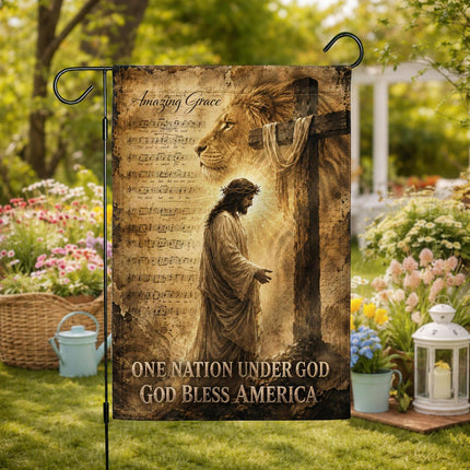 Amazing Grace Lion Cross One Nation Under God And God Bless America Flag