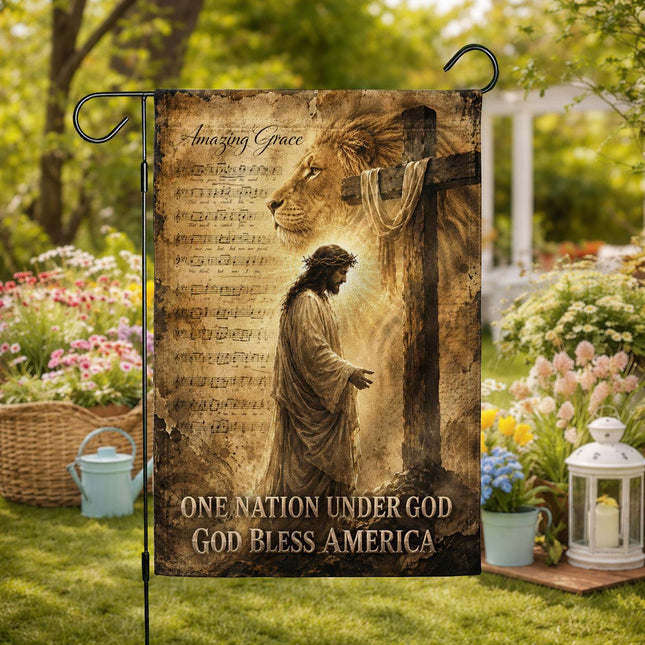 Amazing Grace Lion Cross One Nation Under God And God Bless America Flag