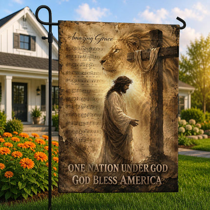 Amazing Grace Lion Cross One Nation Under God And God Bless America Flag