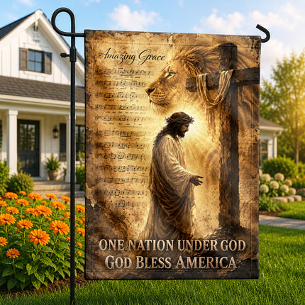 God Bless America Christian Flag Amazing Grace Jesus Lion Cross