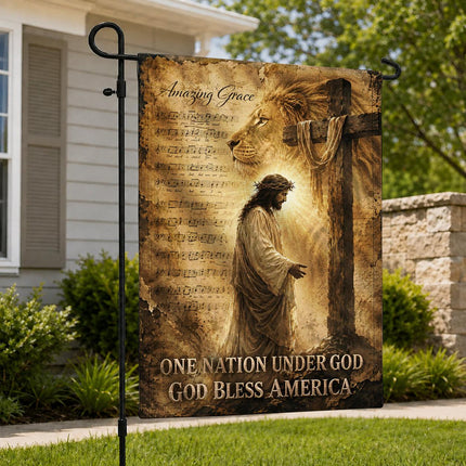 Amazing Grace Lion Cross One Nation Under God And God Bless America Flag