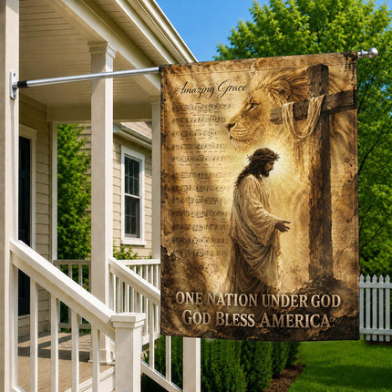 Amazing Grace Lion Cross One Nation Under God And God Bless America Flag