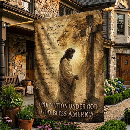 Amazing Grace Lion Cross One Nation Under God And God Bless America Flag
