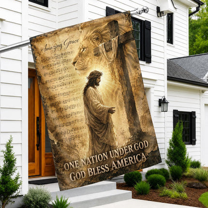 Amazing Grace Lion Cross One Nation Under God And God Bless America Flag