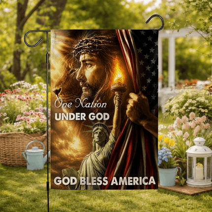 One Nation Under God God Bless America Jesus Lion Flag