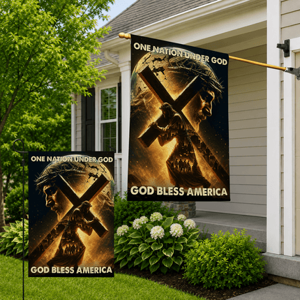 One Nation Under God Carrying Cross God Bless America Flag