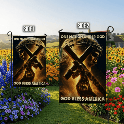 One Nation Under God Carrying Cross God Bless America Flag