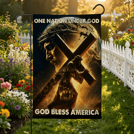 One Nation Under God Carrying Cross God Bless America Flag