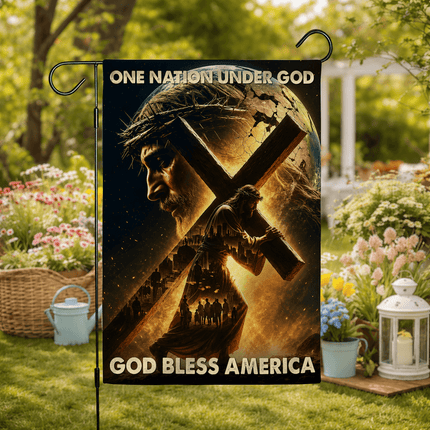 One Nation Under God Carrying Cross God Bless America Flag