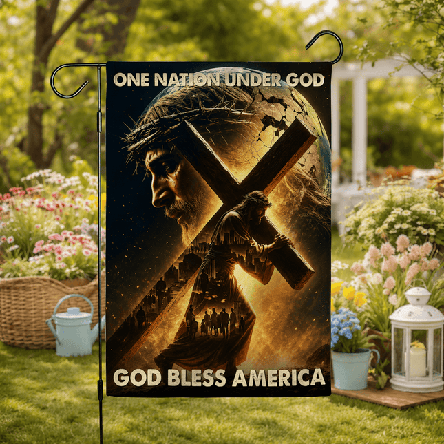 One Nation Under God Carrying Cross God Bless America Flag
