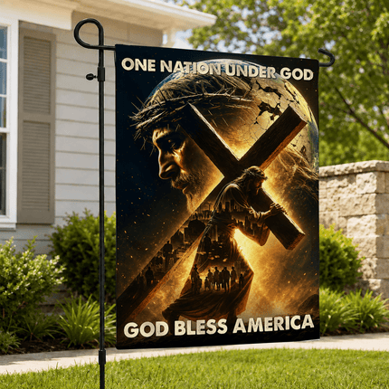 One Nation Under God Carrying Cross God Bless America Flag