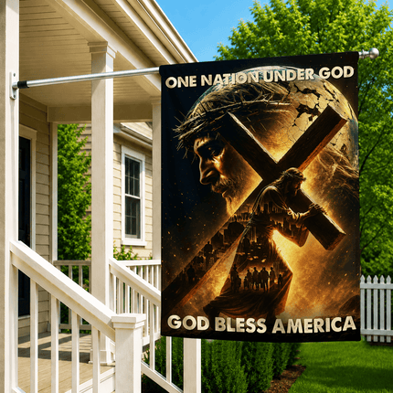 One Nation Under God Carrying Cross God Bless America Flag