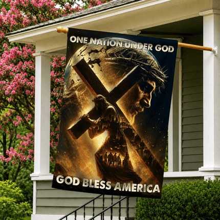 One Nation Under God Carrying Cross God Bless America Flag