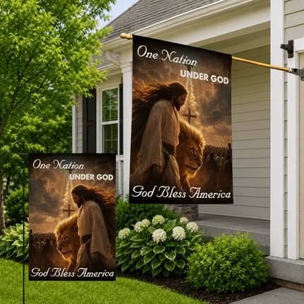One Nation Under God God Bless America Walking Jesus Lion Flag