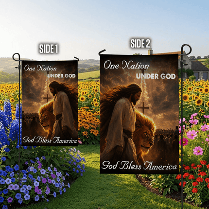 One Nation Under God God Bless America Walking Jesus Lion Flag