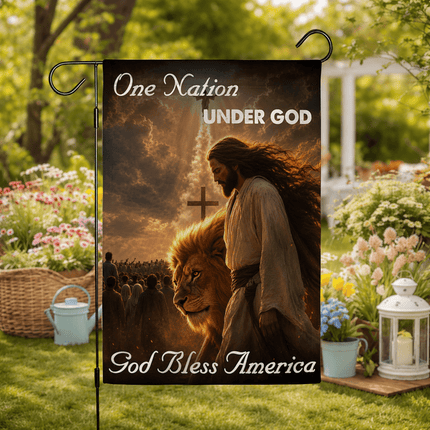 One Nation Under God God Bless America Walking Jesus Lion Flag