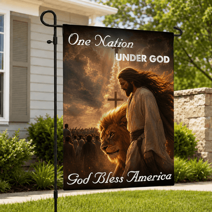 One Nation Under God God Bless America Walking Jesus Lion Flag