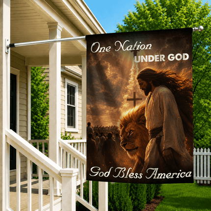 One Nation Under God God Bless America Walking Jesus Lion Flag