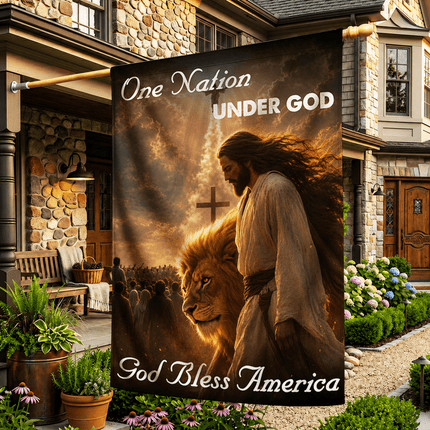 One Nation Under God God Bless America Walking Jesus Lion Flag