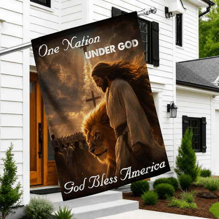 One Nation Under God God Bless America Walking Jesus Lion Flag