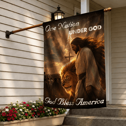 One Nation Under God God Bless America Walking Jesus Lion Flag