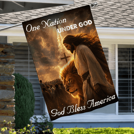 One Nation Under God God Bless America Walking Jesus Lion Flag