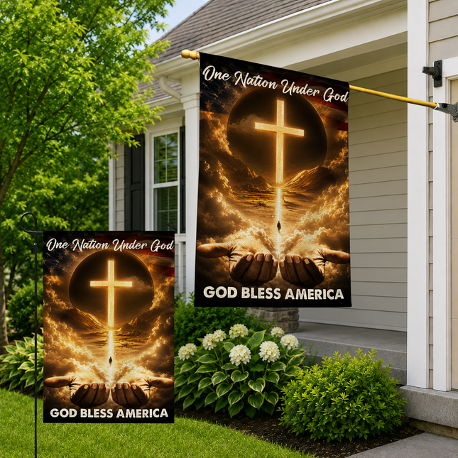 SP-01 God Bless Garden Flag One Nation Under God Christian Cross Memorial Services