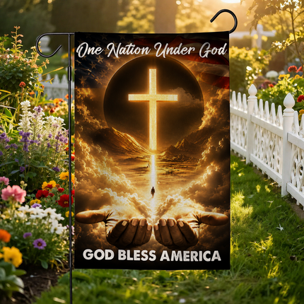 SP-01 God Bless Garden Flag One Nation Under God Christian Cross Memorial Services