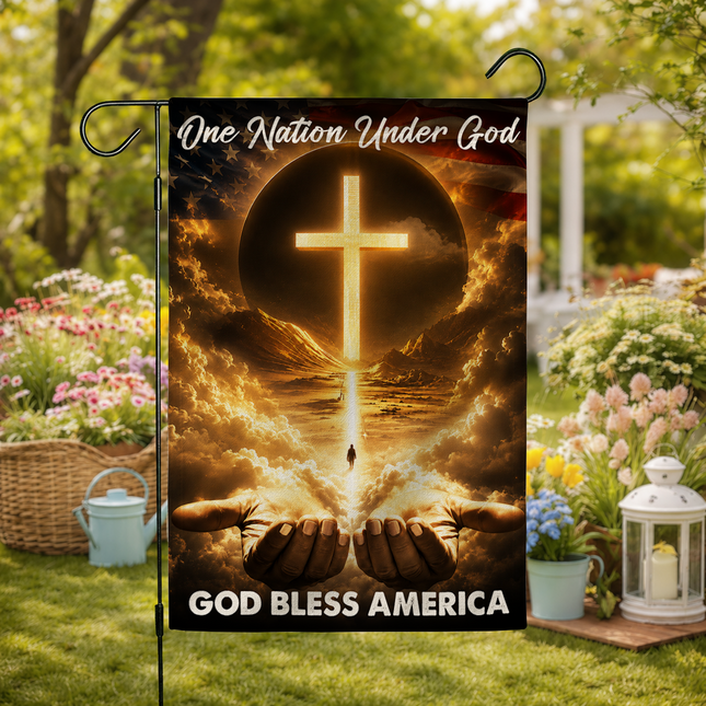 SP-01 God Bless Garden Flag One Nation Under God Christian Cross Memorial Services