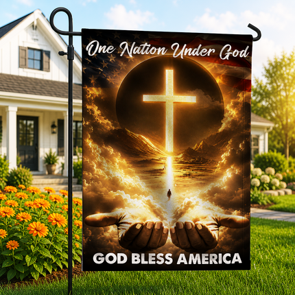 SP-01 God Bless Garden Flag One Nation Under God Christian Cross Memorial Services