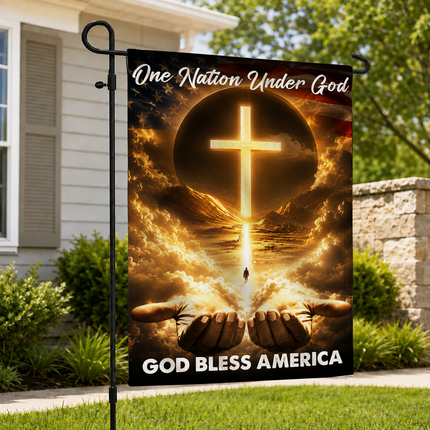 SP-01 God Bless Garden Flag One Nation Under God Christian Cross Memorial Services