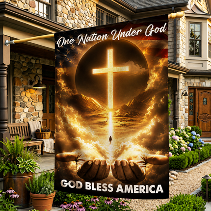SP-01 God Bless Garden Flag One Nation Under God Christian Cross Memorial Services