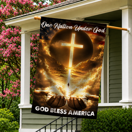 SP-01 God Bless Garden Flag One Nation Under God Christian Cross Memorial Services