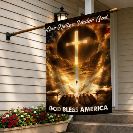 SP-01 God Bless Garden Flag One Nation Under God Christian Cross Memorial Services