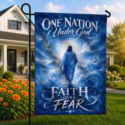 One Nation Under God Faith Over Fear Blue Water Jesus Flag