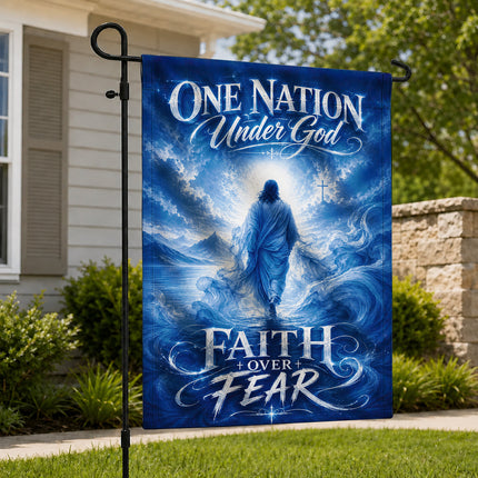 One Nation Under God Faith Over Fear Blue Water Jesus Flag