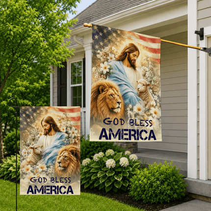 God Bless America Jesus Lamb Lion Floral Flag