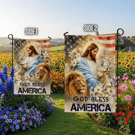 God Bless America Jesus Lamb Lion Floral Flag