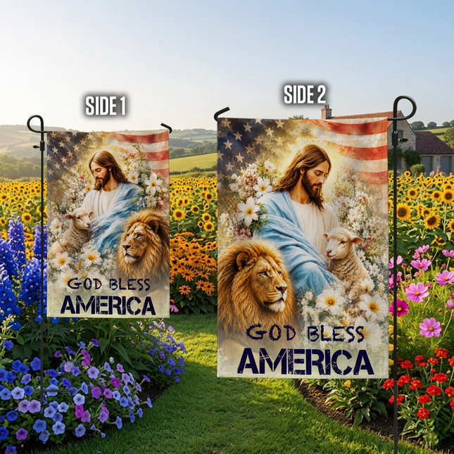 SP-01 God Bless America Jesus Lion Lamb Christian Garden Flag Patriotic Celebrations