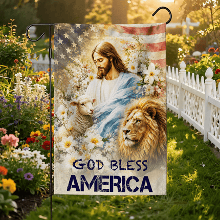 God Bless America Jesus Lamb Lion Floral Flag