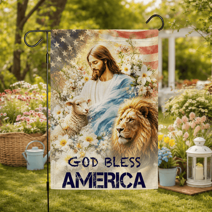 God Bless America Jesus Lamb Lion Floral Flag