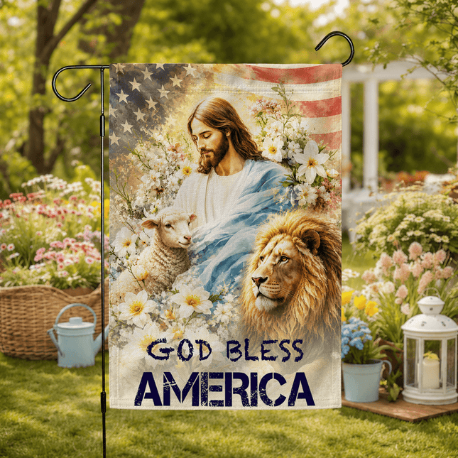 God Bless America Jesus Lamb Lion Floral Flag